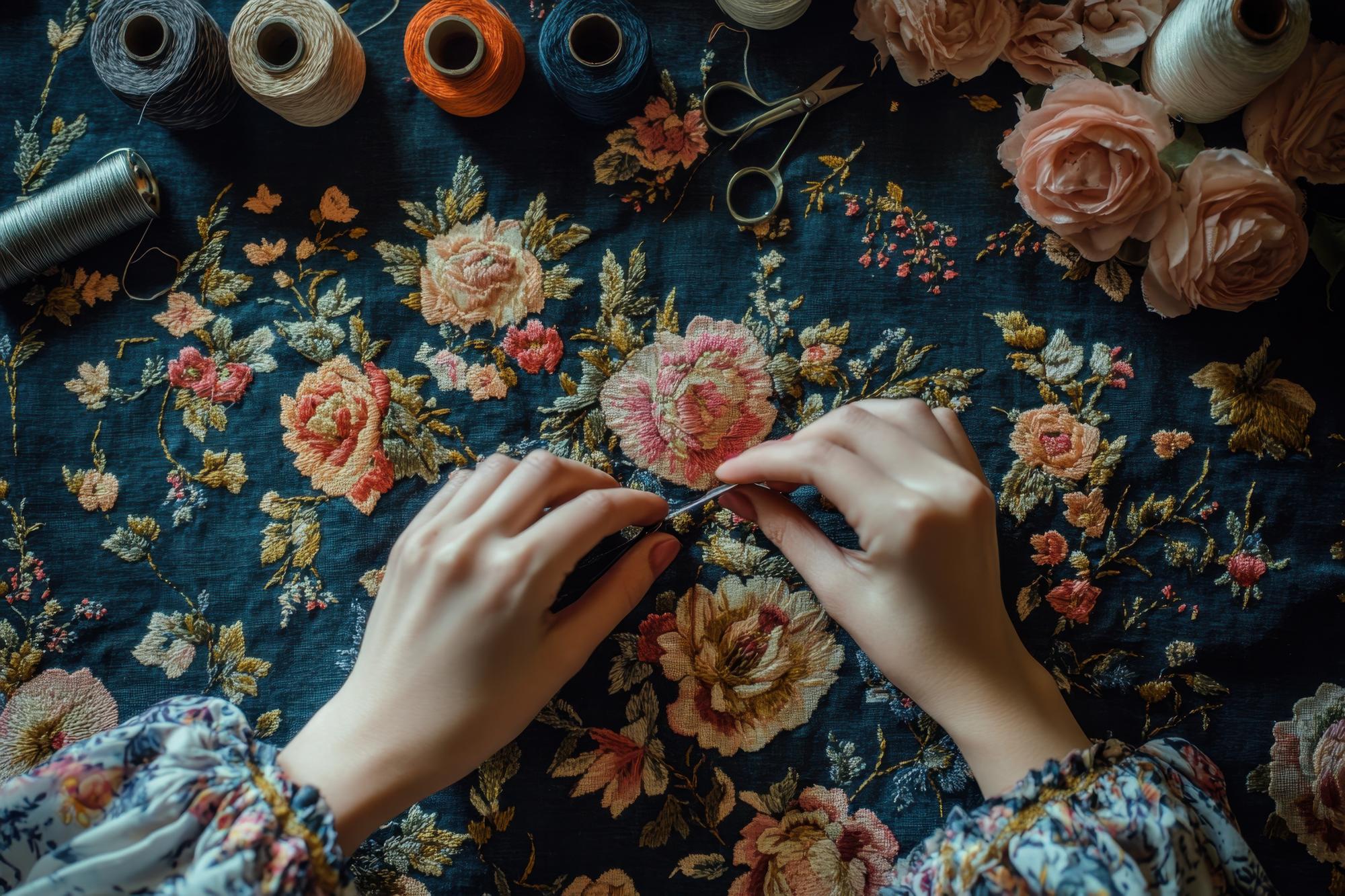 Artisan hand embroidering ornate floral motif