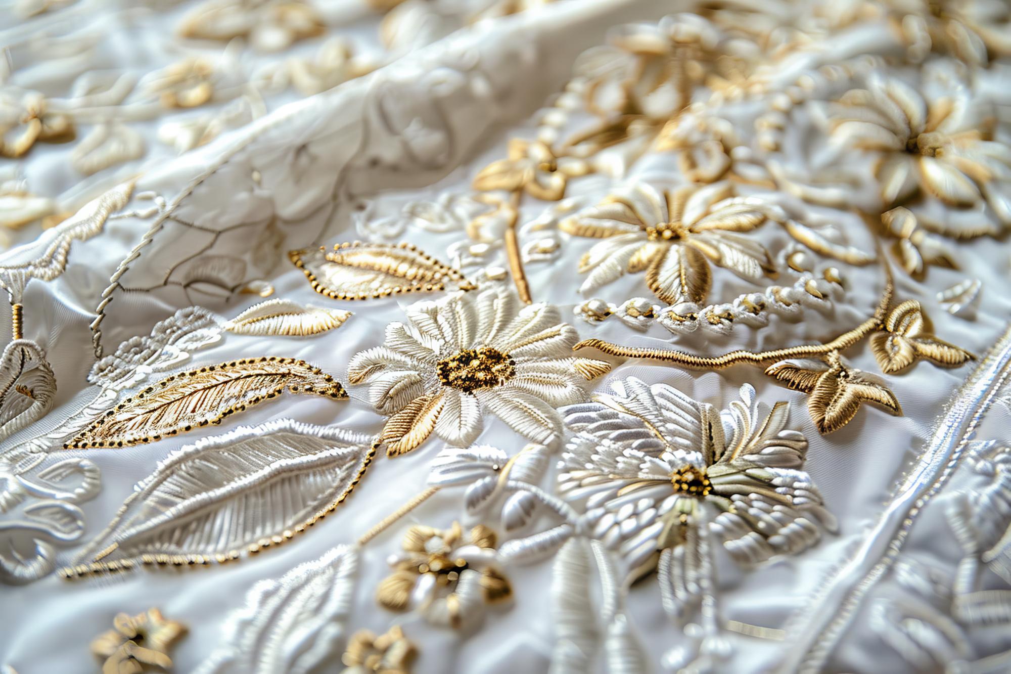 Detailed gold thread floral embroidery on cream silk